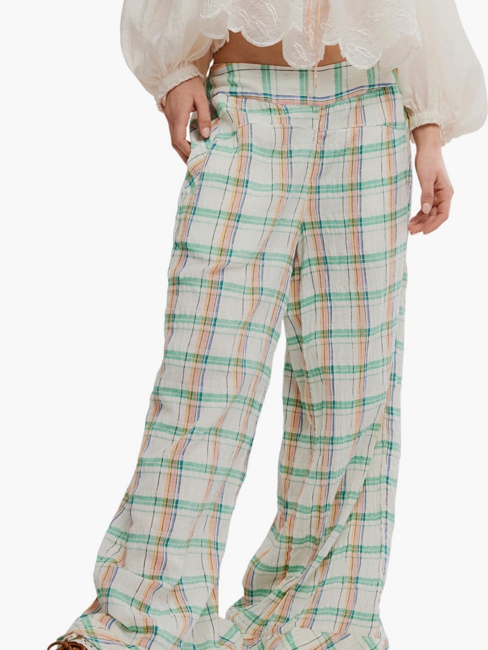 Free People hour glass Pastel Plaid Wide-Leg Pants in White, Green & Peach